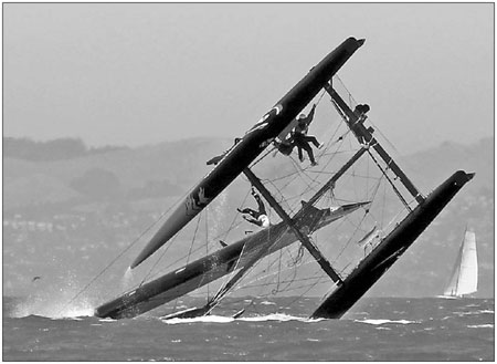 Oracle Racing unleash, and capsize, catamaran