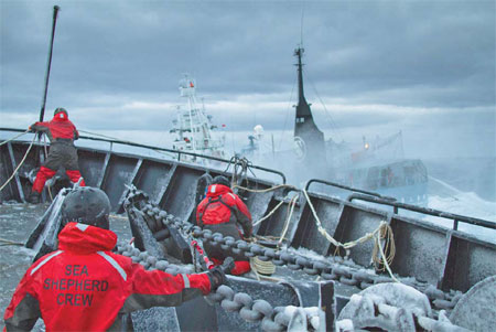 Conservation group claims to block Japanese whalers in disputed hunt