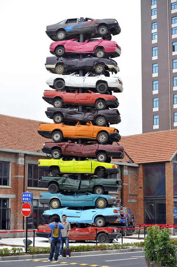 Car pyramid sculpture unveiled in C China