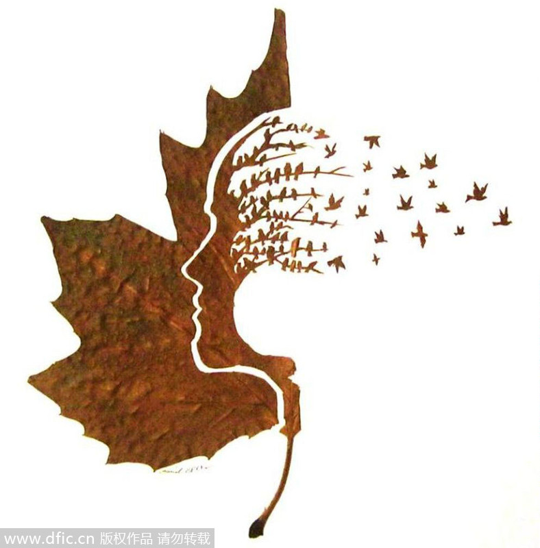 Iranian artist creates art on leaves