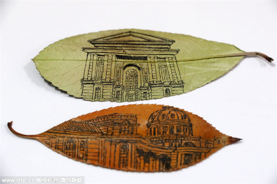 Creative paintings on leaves portray campus scenes