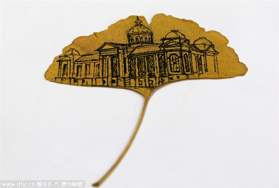 Creative paintings on leaves portray campus scenes