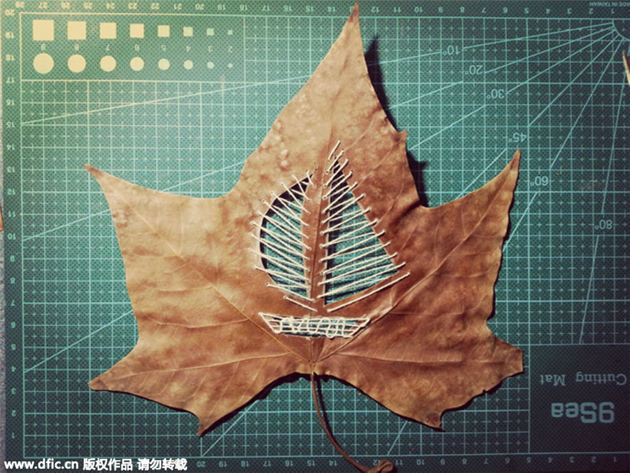 Embroidered leaves are among art teacher's creative works