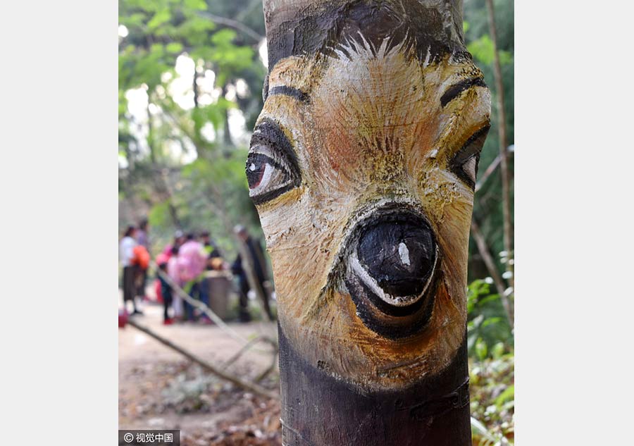 Paintings bring tree trunks to life