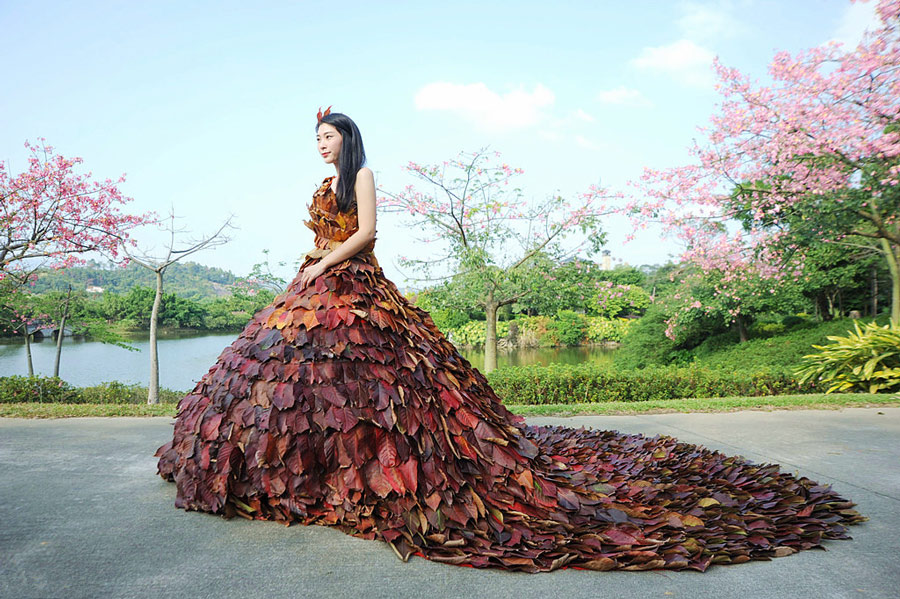 Four designers create dress from 5,888 real leaves