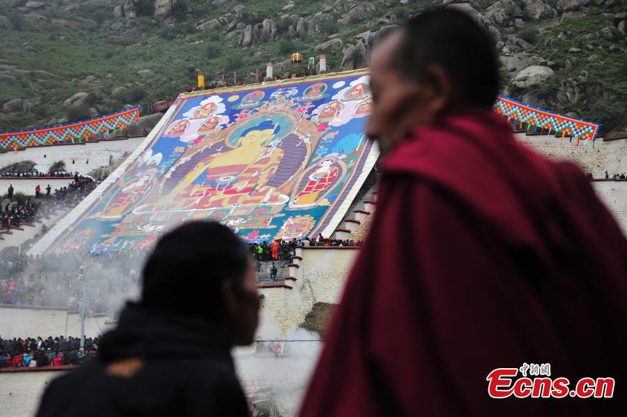 People celebrate Shoton Festival at Drepung monastery, Tibet