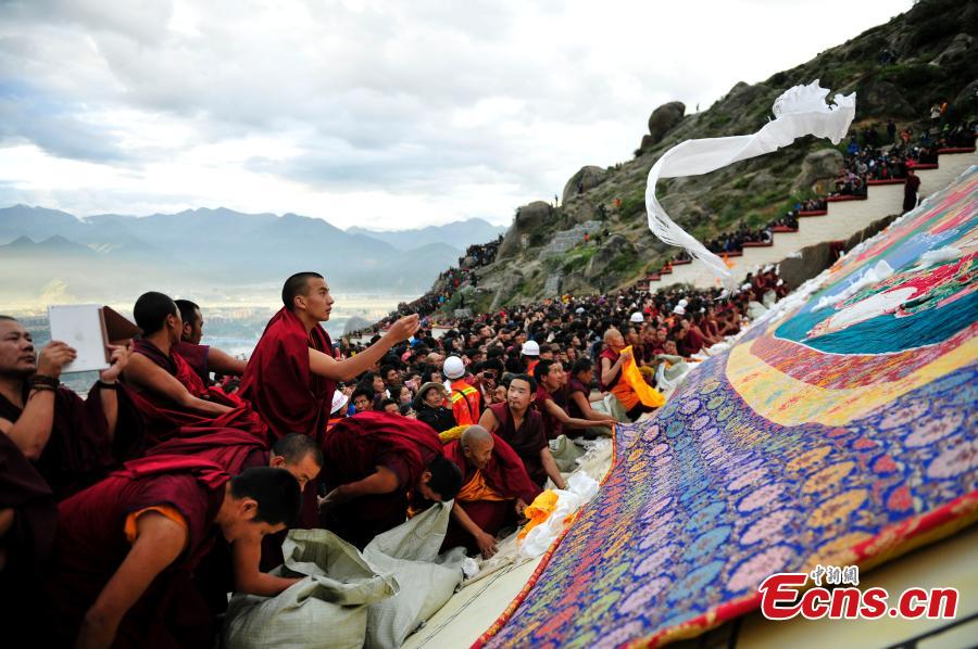 People celebrate Shoton Festival at Drepung monastery, Tibet