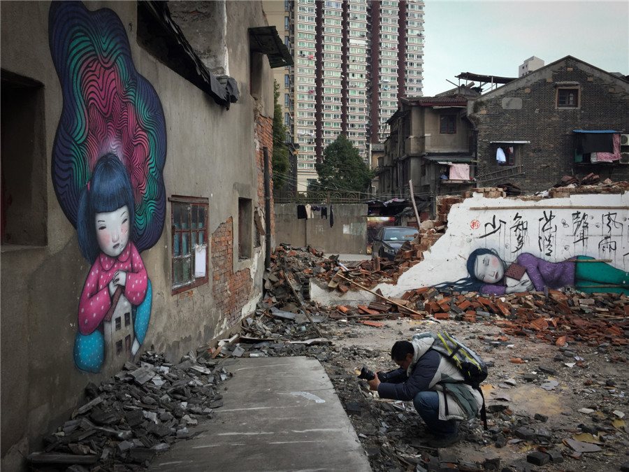 Graffiti on dismantled Shanghai Shikumen buildings