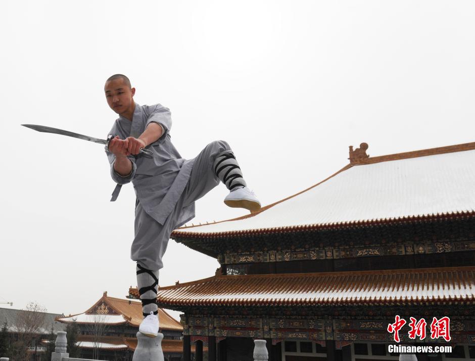 Monks practice Shaolin kung fu