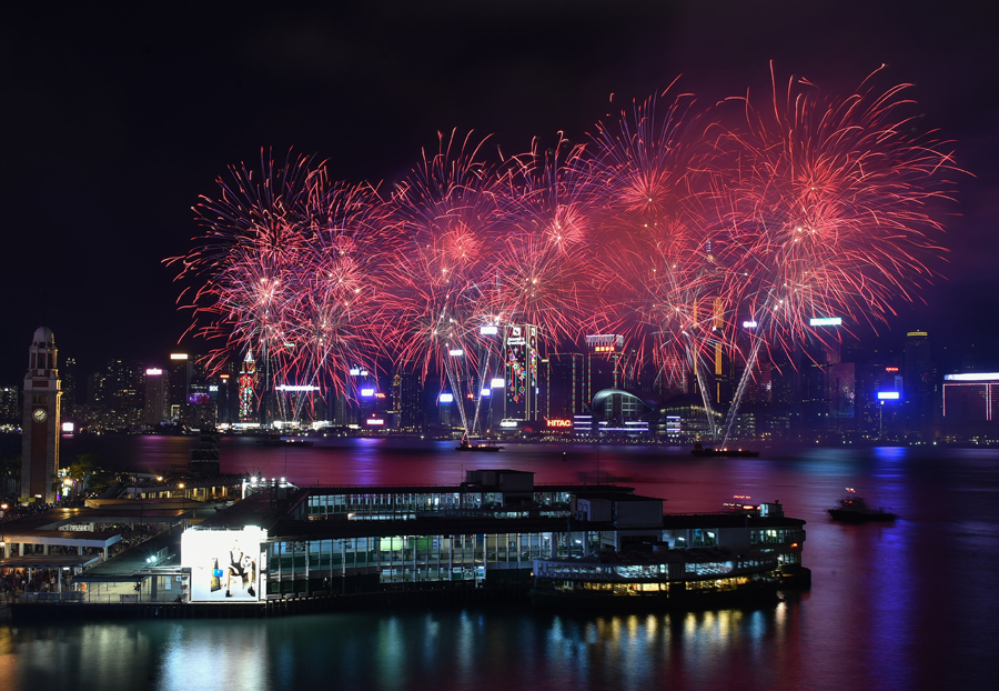 Spring Festival celebrated with fireworks over Victoria Harbour in Hong Kong