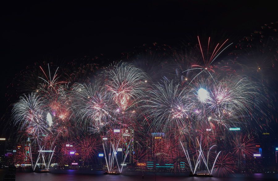 Spring Festival celebrated with fireworks over Victoria Harbour in Hong Kong