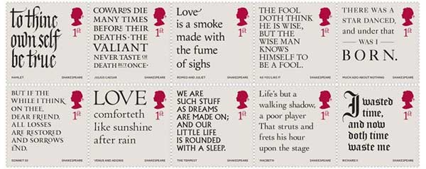 Postage stamps issued in Britain to mark 400th anniversary of Shakespeare's death