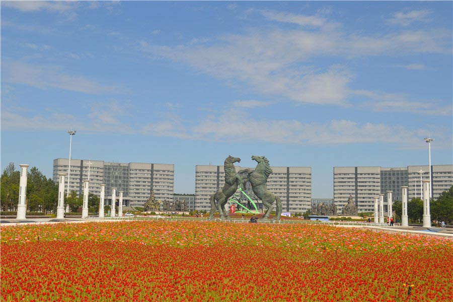 Huge bronze sculpture groups stand out in Genghis Khan Square in Ordos