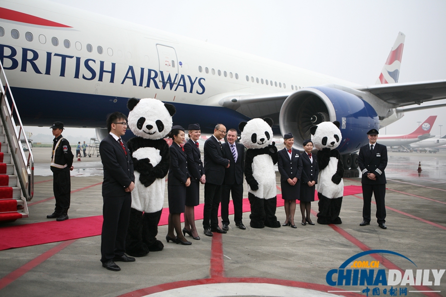 伦敦至成都直飞航班首航 “熊猫大使”列队欢迎