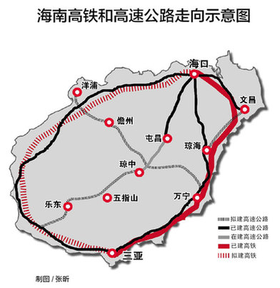 海南高铁和高速公路走向示意图