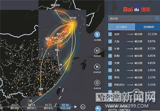 哈尔滨人春运轨迹：去长春最多 从北京回的最多(图)