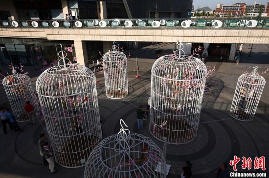 南京街头“巨型鸟笼”阵倡导绿色生活