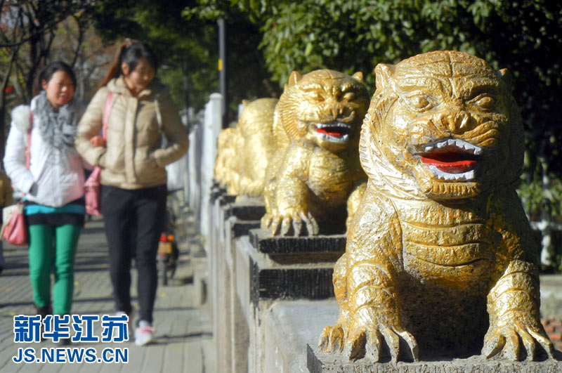 苏州街头惊现“土豪金”石狮子