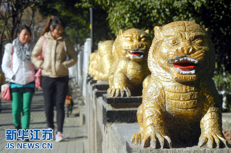 苏州街头惊现“土豪金”石狮子