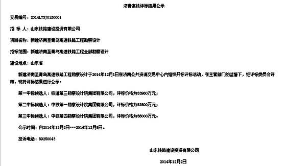 济青高铁进行环评公示 6117份调查表13份表示不支持