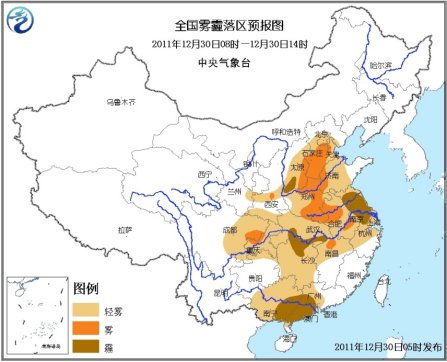 受中等强冷空气影响全国大部降温 中东部雾霾持续