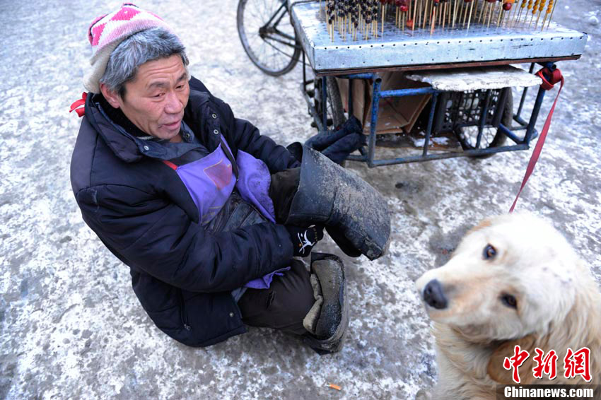高清组图“义狗”寒冬拉车助身残主人卖冰糖葫芦