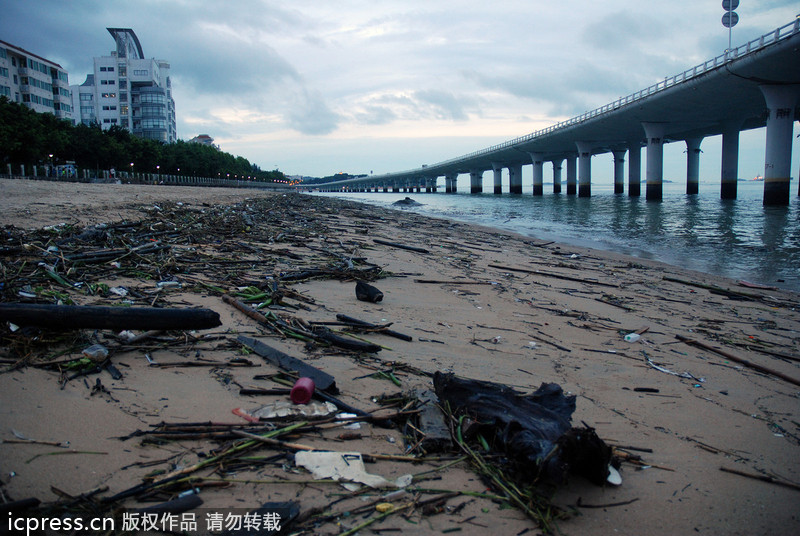 大批垃圾借台风苏力入侵厦门 海滩变垃圾场