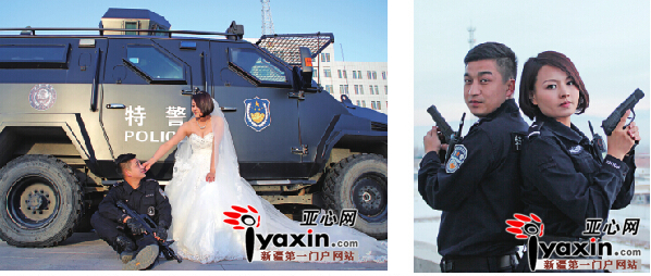 新疆伊宁一对警察情侣装甲车前拍婚纱照