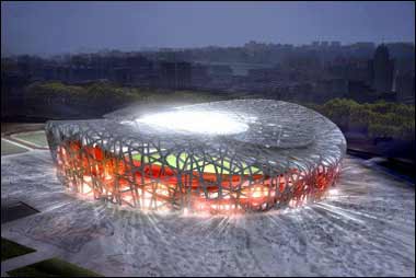 An artist's rendition of the National Stadium for the 2008 Olympic Games in Beijing. Beijing Olympic organizers are seeking ways to cut up to six billion yuan off the cost of building Games venues, including possibly moving the equestrian events to Hong Kong. [file photo]