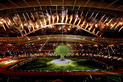 Fireworks explode over the Athens Olympic stadium during the opening ceremony of the Athens 2004 Paralympic Games September 17, 2004. A total of 3,837 athletes, representing a record number of 136 nations, paraded in the crowded stadium. 