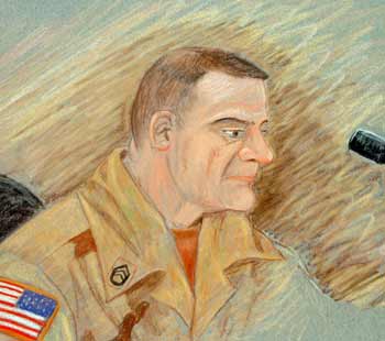 Staff Sgt. Ivan Frederick, a military policeman, enters a plea of guilty to a number of charges during a hearing at a U.S. military base just outside the Iraqi capital, in a sketch provided by a military artist October 20, 2004. Frederick pleaded guilty on Wednesday before a court martial to abusing prisoners in Baghdad's Abu Ghraib prison, including forcing one to masturbate and photographing naked prisoners. [Reuters]