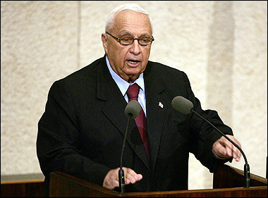 Israeli Prime Minister Ariel Sharon addresses the Knesset, or parliament, in Jerusalem. [AFP]