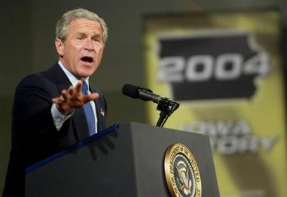 President Bush speaks to supporters at a campaign rally at the Grand River Center, Tuesday, Oct. 26, 2004 in Dubuque, Iowa. [AP]