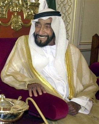 United Arab Emirates Supreme Council President Sheik Zayed bin Sultan Al Nahyan is shown in this Nov. 13, 2001 file photo, at the Presidential Palace in Abu Dhabi. Al Nahya, who helped forge a federation from seven Persian Gulf states and ruled it since its creation, has died, Abu Dhabi TV said, Tuesday, Nov. 2, 2004. He was 86. [AP]