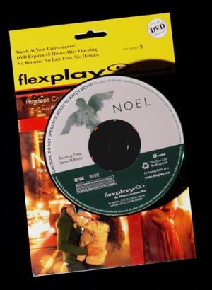 A DVD of the Christmas-themed movie 'Noel' carries warnings that the movie must be used immediately after opening, because it has been recorded on a 'disposable' disc, in this product shot made Thursday, Nov. 11, 2004. Disposable DVDs look and play like normal DVDs, except that their playable surface is dark red. Each disc contains a chemical time-bomb that begins ticking once it's exposed to air. Typically, after 48 hours, the disc turns darker, becoming so opaque that a DVD player's laser can no longer can read it. [AP]