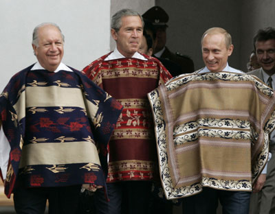 . President Bush wearing a traditional Chilean p