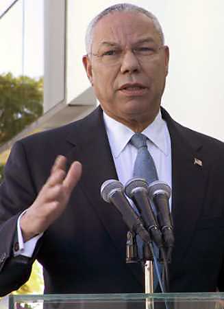 Outgoing US Secretary of State Colin Powell signaled on November 23, 2004 Washington was open to one day re-establishing diplomatic ties with Iran after the countries held their most sustained, high-level contact in years. Powell addresses a news conference during an international conference on the political future of Iraq in the Egyptian Red Sea resort of Sharm el Sheikh, Tuesday. [Reuters]