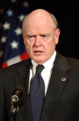 U.S. Treasury Secretary John Snow speaks to news media at the Waldorf Astoria in New York in a Sunday, May 23, 2004, file photo. President Bush asked Treasury Secretary John Snow on Wednesday, Dec. 8, 2004, to stay in the administration, and Snow agreed. [AP]