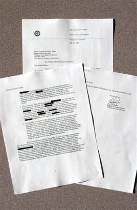 This photo shows an FBI letter obtained by The Associated Press in November 2004 that detail four interrogations witnessed by agents in 2002, the year the detention mission began at Guantanamo Bay Naval Base, Cuba. The U.S. military command that runs the prison for terrorist suspects at Guantanamo Bay, Cuba, has opened an investigation into allegations of prisoner abuse outlined in recently released FBI documents, officials said Wednesday, Jan. 5, 2005. [AP/file]