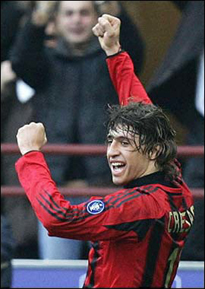 AC Milan's Argentinian striker Hernan Crespo celebrates after scoring his second goal against Lecce, during their Italian serie A football match at San Siro stadium in Milan. [AFP]