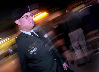 Army Spc. Charles Graner Jr. leaves the judicial complex after the first day of his military trial at Fort Hood, Texas, Monday, Jan. 10, 2005. Graner is the accused ringleader in the Abu Ghraib prisoner abuse scandal. Graner is the first soldier to be tried in the case. [AP]