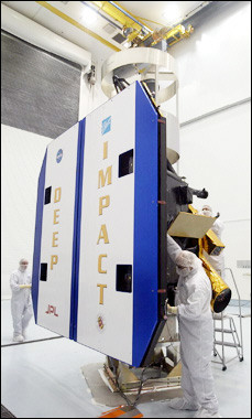 NASA's Deep Impact spacecraft gets final checks December 2004, by technicians from Ball Aerospace at Astrotech's facility in Titusville, Florida of the USA. The Deep Impact launch is set for 12:48 pm (1748 GMT) Wednesday, aboard a Boeing Delta II rocket from Cape Canaveral, in the southern US state of Florida. [AFP/File]