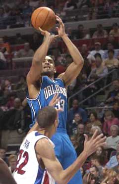 Orlando Magic forward Grant Hill (33) shoots over Detroit Pistons' forward Tayshaun Prince (22) during the first half of their game at The Palace in Auburn Hills, Michigan, January 14, 2005. [Reuters]