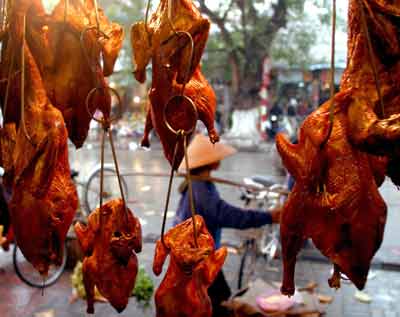 Roasted chickens and ducks are displayed for sale at a market in Hanoi January 20, 2005. An 18-year-old girl has died of bird flu in southern Vietnam and the first confirmed human infection in the country's north has raised concerns about possible human-to-human transmission of the virus. [Reuters]