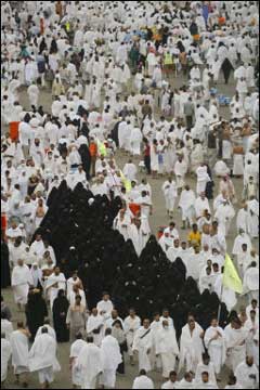 Muslim pilgrims march towards 'jamarat' symbolising the devil in Mina, near the holy city of Mecca. A sea of humanity poured into the Mina valley, to stone the devil in the last and most dangerous ritual of the hajj pilgrimage amid improved safety measures.(AFP