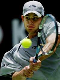 Andy Roddick of the U.S. makes a backhand return during his third round match against Jurgen Melzer of Austria at the Australian Open at Melbourne Park, Melbourne, Australia, Saturday, Jan. 22, 2005. [AP] 