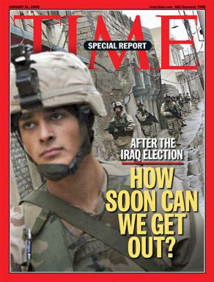 In this handout photo provided by Time Magazine, Pfc. Christopher Lujan, of Rio Rancho, N.M., is shown on the cover of Time Magazine's Jan. 31, 2005 issue, with fellow soldiers on patrol in Mosul, Iraq, Thursday, Jan. 20, 2005. Carol and Samuel Lujan's first look at the Time cover will be their first glimpse of their son since he shipped out for the Middle East last January. Lujan's family is one of the many military families waiting _ and watching _ amid vows by rebels to disrupt balloting in next weekend's election in Iraq. [AP]
