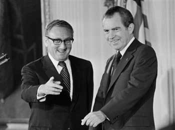 Secretary of State Henry Kissinger, left, and President Richard M. Nixon are see after Kissinger was sworn is as the 56th secretary of state in the East Room of the White House in Washington in this Sept. 22, 1973 file photo. Nearly three decades before the Sept. 11 terrorist attacks, a high-level panel, including Sec. Kissinger, established plans to avert terrorist attacks on the United States, according to documents obtained by The Associated Press. (AP