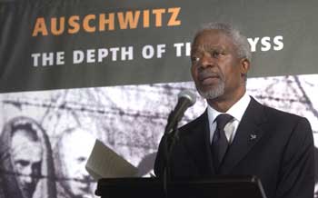 UN Secretary-General Kofi Annan speaks during the opening of a photo exhibit, entitled "Auschwitz - the Depth of the Abyss," at the United Nations in New York, January 24, 2005. January 27 marks the 60th anniversary of the liberation of the Auschwitz-Birkenau concentration camp and the United Nations held a special session commemorating the liberation of all the Nazi concentration camps. 