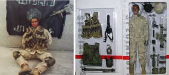 This combination photograph shows an image (L), which was posted on an Iraqi militant web site on February 1, 2005, appearing to show a U.S. soldier sitting in front of a black banner with a rifle pointed at his head; and an undated photograph (R) provided by figurine and toy distributor Monkey Depot.com, showing toy manufacturer Dragon Models USA's action figure 'Cody' in a box. Dragon Models USA said on February 1, 2005 that the photograph posted on the web site claiming to be a captured U.S. soldier resembled the toy action figure. Reports of a possible hoax surfaced after the group claimed that it was holding the soldier and threatened to kill him within 72 hours if Iraqi prisoners were not released, according to the Internet statement. 